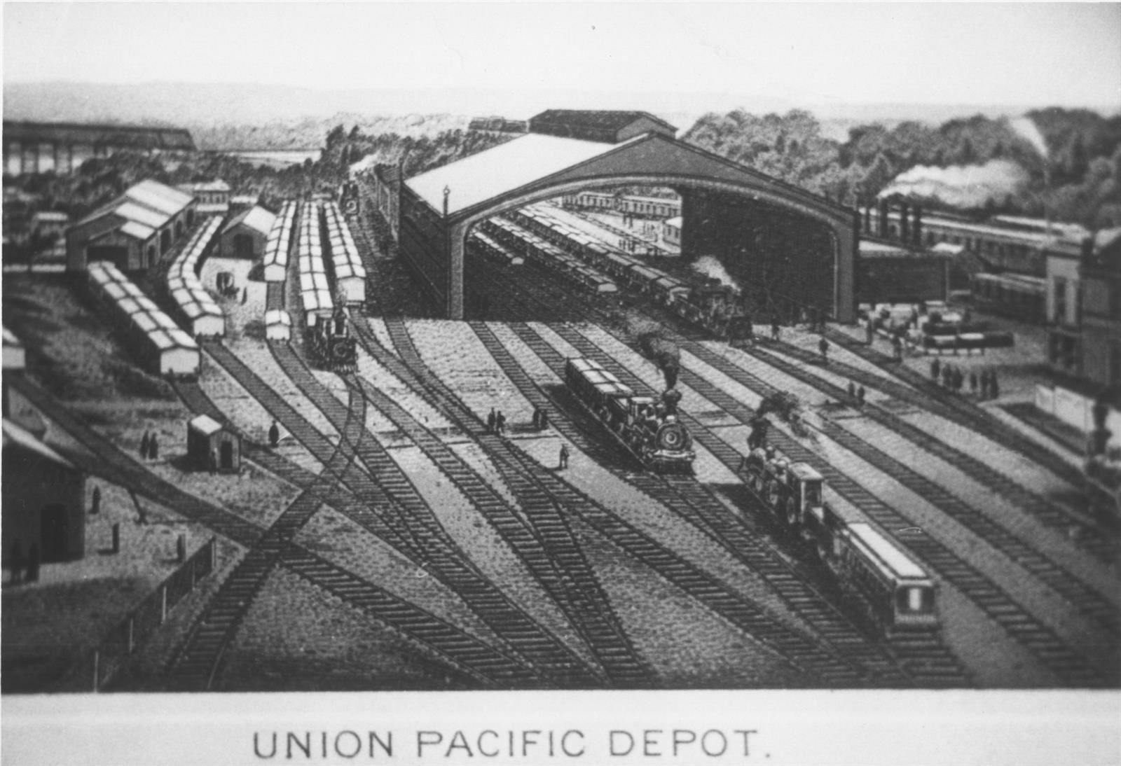 Train tracks and a shelter at the Union Pacific Depot Train tracks and a shelter at the Union Pacific Depot